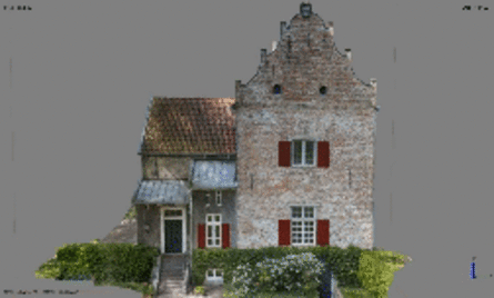 In einer Animation ist das 3D-Modell der mit der Drohne aufgenommenen Burg zu sehen. Das Modell zeigt die Fassaden und das Dach der Burg und dreht sich um 360°.