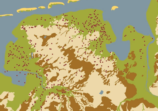 Verbreitungskarte Steinhäuser Karte des Raumes zwischen Weser und Ems mit vielen Punkten, die die Lage von mittelalterlichen Steinhäusern zeigen. Marsch, Moor und Geest sind ebenfalls verdeutlicht.