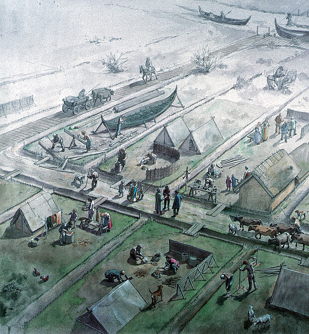 Lebensbild Frühmittelalterlicher Marktplatz (800 n. Chr.): Grafik Flemming Bau, https://bau.nu Zeichnung eines frühmittelalterlichen Marktplatzes, mit Handwerkern und Händlern in einer kleinen Hafenstadt