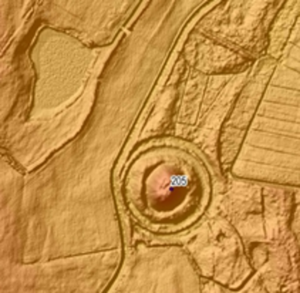 LIDAR-Scan Burg Bockhorn Grafische Darstellung einer im LIDAR-Scan erkennbaren Burganlage, mann sieht kreisförmige Burgwälle und einen Burghügel in der Mitte